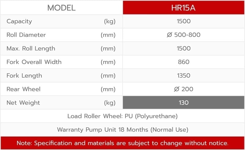 ข้อมูลสเปกสินค้าของรถลากพาเลทยกม้วนโรล hr-15a
